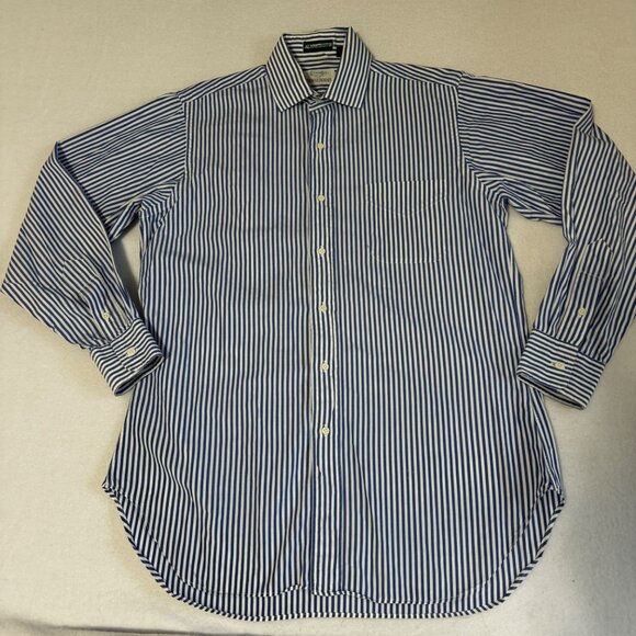 Gitman Bros Mens Shirt 15/33 White Blue Stripe Vtg Dress Button Up - Picture 1 of 3